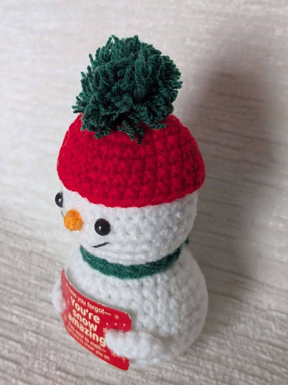 Crochet Snowman Plush with sign. removable Red Hat & Green Scarf